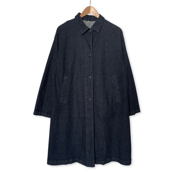 Muji Denim Work Chore Long Jacket Coat Dark Indigo Minimalist Old Money Clean - Picture 3 of 14